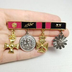 Vintage Miniature Medals Enamel Brooch, Gold Tone Silver Tone Charms, Estate